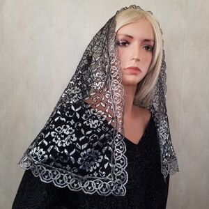 Black and Silver Lace Mantilla Chapel Veil with Trinity Symbol Trim Mass D Shape